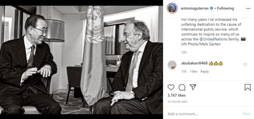 안토니우 구테흐스 유엔 사무총장(오른쪽)이 인스타그램에 공개한 반기문 전 총장이 대화하고 있는 사진.    안토니우 구테흐스 유엔 사무총장 인스타그램 캡처